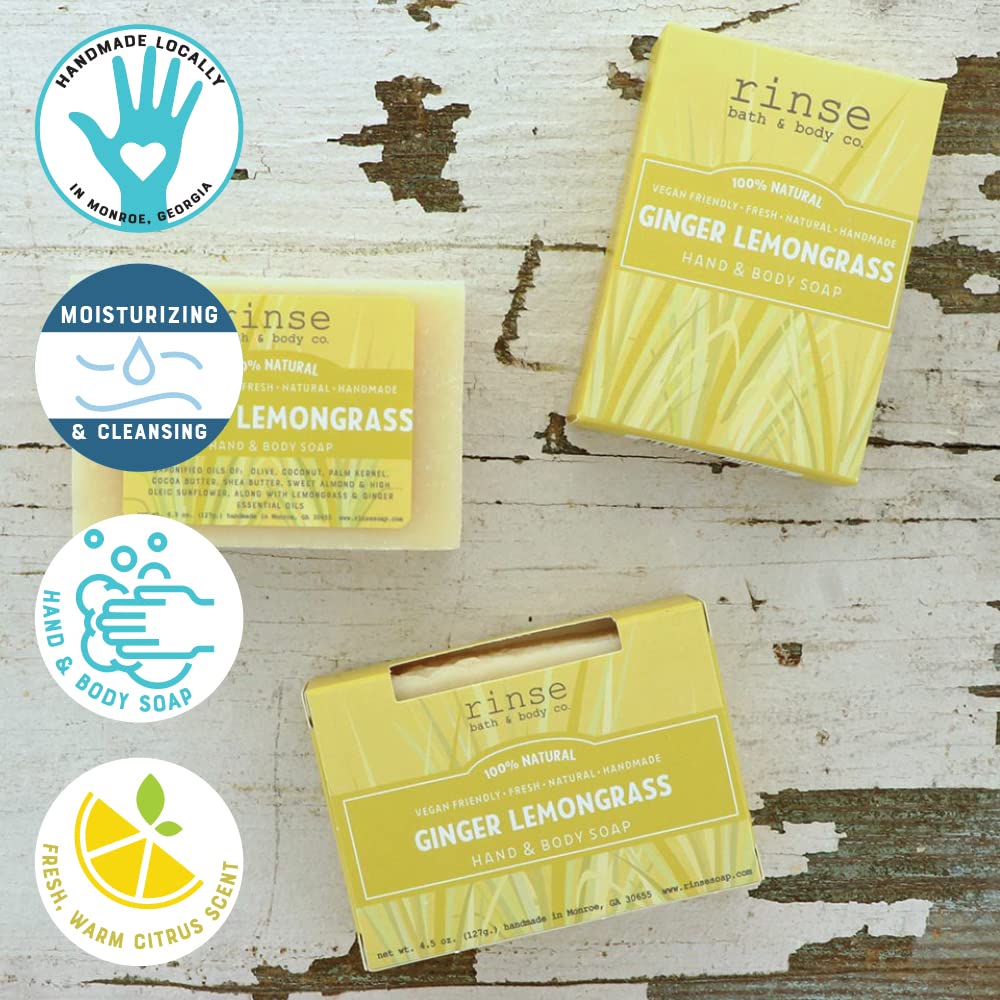 Rinse Bath & Body Lemongrass and Ginger Soap - Handmade Castile Lemongrass Soap w/Shea and Cocoa Butter | Moisturizing Bar Soap w/Ginger Essential Oil | Natural Bar Soap | Vegan| Gluten Free| 4.25oz