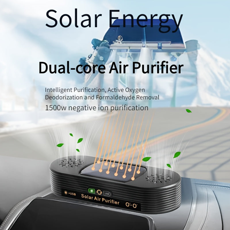 Solar-Powered Dual-Core Car Purifier with Ion and Ozone Technology