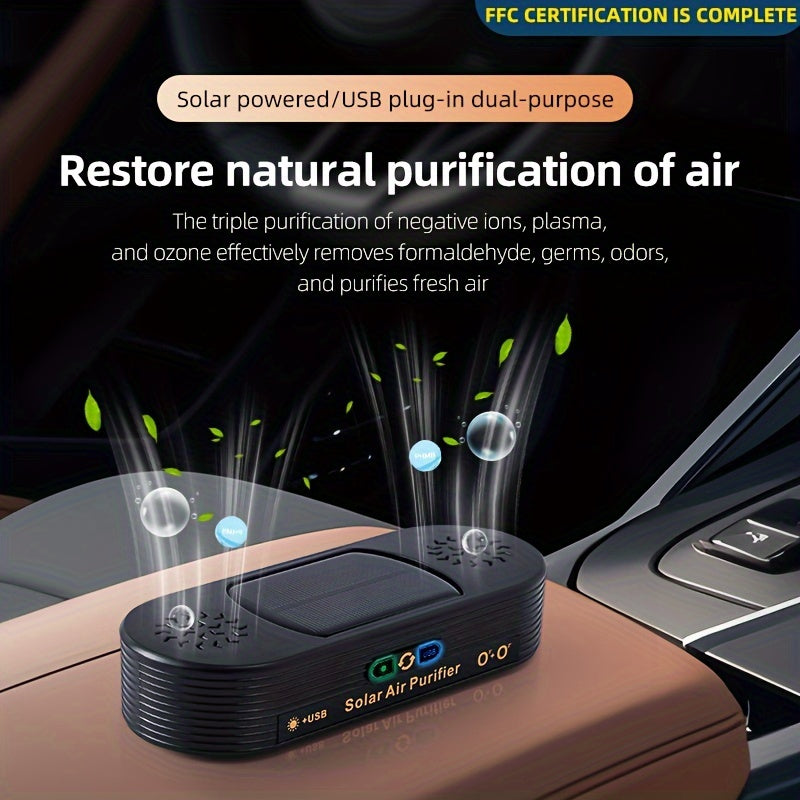 Dual-Powered Solar Car Purifier with Ion and Ozone Technology